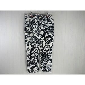 Chico's Pants 2 Black White‎ So Lifting Abstract Floral Crop Slimming Velvety